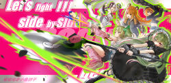  5girls absurdres animal_ears apron arm_warmers artist_name attack baseball_bat black_boots black_gloves boots braid chinese_commentary circular_saw commentary_request corin_wickes dialyn_(zenless_zone_zero) earrings english_text fangs gloves green_eyes green_hair highres holding holding_baseball_bat holding_weapon jewelry ju_fufu kicking knee_boots leg_warmers long_hair luciana_de_montefio maid maid_apron maid_headdress multiple_girls puffy_short_sleeves puffy_sleeves saw screw_hair_ornament short_sleeves striped_arm_warmers striped_leg_warmers sunna_(zenless_zone_zero) tiger_ears tiger_girl twintails weapon wide_sleeves zenless_zone_zero zhaizhai_wudong_xiaoyu_binggan 