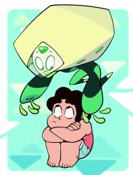  1boy 1girl alien barefoot child commentary discount-supervillain english_commentary face_shield floating gem_(steven_universe) highres limb_enhancers_(steven_universe) monster_girl peridot_(steven_universe) sitting steven_quartz_universe steven_universe 