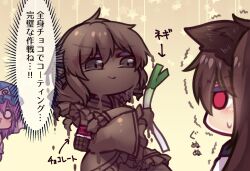  3girls arrow_(symbol) blush brown_hair candy chocolate chocolate_bar chocolate_on_body commentary_request food food_on_body grey_eyes hat holding holding_food holding_spring_onion holding_vegetable imaizumi_kagerou japanese_clothes kimono long_hair mob_cap multiple_girls one-hour_drawing_challenge pink_hair red_eyes saigyouji_yuyuko shaking sound_effects speech_bubble spring_onion sweatdrop thought_bubble touhou translation_request triangular_headpiece unime_seaflower vegetable wakasagihime yellow_background 