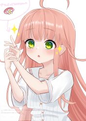  1girl absurdres ahoge blunt_bangs buttons collarbone commentary_request eyelashes eyes_visible_through_hair green_eyes hands_up highres jewelry long_hair looking_at_object mokomoko_system nukigee_mitai_na_shima_ni_sunderu_watashi_wa_dou_surya_ii_desu_ka? pink_hair ring shirt short_sleeves sidelocks solo sparkle sparkling_eyes speech_bubble spoken_object tareme translation_request upper_body very_long_hair watarai_hinami white_shirt wide-eyed wide_sleeves 