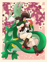  1girl baseball_cap black_boots black_vest blue_eyes blue_shorts boots border brown_hair clenched_hand closed_mouth commentary denim denim_shorts english_commentary eyelashes floral_background full_body hat hilda_(pokemon) long_hair open_clothes open_mouth open_vest outline pink_background pokemon pokemon_(creature) pokemon_black_and_white ponytail red_eyes serperior shirt shorts sidelocks sleeveless sleeveless_shirt smile tsaianda vest white_border white_hat white_outline white_shirt wristband 