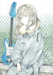  1girl 2026 absurdres blue_eyes chain-link_fence coat collared_shirt commentary cowboy_shot dated earrings fence fur_trim girls_band_cry grey_hair guitar highres instrument jewelry kawaragi_momoka long_hair long_sleeves miso_bijutsukan outdoors shirt sitting solo untranslatable_commentary zipper 