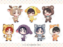  6+boys animal_costume animal_hood bae_sejin bear_costume bear_hood black_hair brown_eyes brown_hair cat_costume cat_hood cha_eugene chibi chibi_only chinese_commentary chinese_text closed_mouth commentary_request debut_or_die! deer_costume deer_hood dog_costume dog_hood fake_antlers fake_tail fake_wings hamster_costume hamster_hood heart heart_hands hood hood_up kim_raebin lee_sejin looking_at_viewer male_focus multiple_boys nightcat official_art one_eye_closed open_mouth park_moondae rabbit_costume rabbit_hood red_hair ryu_cheongwoo seon_ahyun short_hair simple_background smile standing standing_on_one_leg tail translation_request violet_eyes white_background wings wolf_costume wolf_hood yellow_eyes 