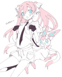  1girl :o backpack bag blue_eyes blush collared_shirt commentary eyelashes fangs fingerless_gloves gloves hair_between_eyes hair_ribbon highres holding_strap long_hair open_mouth original pink_hair pokemon pokemon_(creature) ribbon shirt short_sleeves shorts simple_background smile suragi1011 sylveon translation_request twintails white_background white_ribbon 