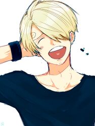  1boy ^_^ blonde_hair blush clip_studio_paint_(medium) closed_eyes commentary_request curry_gohan facial_hair goatee hair_over_one_eye heart male_focus one_piece open_mouth sanji_(one_piece) shirt short_hair simple_background solo teeth upper_teeth_only white_background wristband 