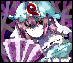  1girl absurdres black_border blue_hat blue_kimono border cha_syu_oic closed_mouth commentary cropped_torso folding_fan frilled_kimono frills hair_between_eyes hand_fan hat highres japanese_clothes kimono looking_at_viewer medium_hair mob_cap pink_eyes pink_hair red_eyes ribbon-trimmed_collar ribbon_trim saigyouji_yuyuko sleeve_garter solo touhou triangular_headpiece 