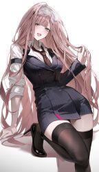  1girl absurdres arm_strap arm_support black_thighhighs breasts brown_hair buttons coat_dress collared_shirt double-breasted dress eyeshadow goggles goggles_on_head grey_eyes high_heels highres holding_own_hair lapels leg_up long_hair long_sleeves looking_at_viewer makeup necktie open_mouth original pink_lips ryugisa shirt skindentation sleeves_rolled_up smile solo striped_clothes thigh-highs white_background white_shirt 