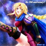  1girl 2013 anniversary armor blonde_hair blue_background bracelet braid cape clenched_hand dated fingerless_gloves gloves heterochromia jewelry kicking long_hair protagonist_(romancing_saga_2) puffy_sleeves red_eyes romancing_saga_2 saga shurakui single_braid smile solo 