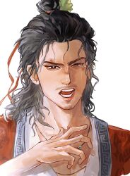  1boy all_wishes_come_true! black_eyes black_hair blue_trim bruise bruise_on_face chinese_clothes coat commentary crying crying_with_eyes_open facial_hair fangs hair_bun hair_ornament hair_ribbon half_updo hand_up hanfu highres injury jewelry leaf_hair_ornament long_hair looking_at_viewer male_focus mustache_stubble necklace one_eye_closed open_clothes open_coat open_mouth portrait qianlinanxun red_coat red_ribbon ribbon simple_background single_hair_bun solo stubble tears topknot upper_body white_background white_hanfu zhongli_quan_(all_wishes_come_true!) 
