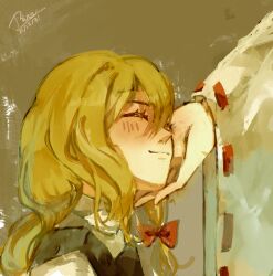  2girls aihara-rina black_vest blonde_hair blush bow braid closed_eyes closed_mouth commentary_request dated hair_bow hakurei_reimu hand_on_another's_chin highres kirisame_marisa long_hair missing_headwear multiple_girls red_bow ribbon-trimmed_sleeves ribbon_trim side_braid signature single_braid touhou vest yuri 