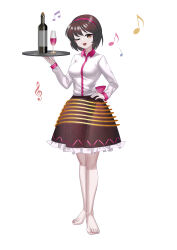  1girl :d absurdres alcohol back_bow barefoot beamed_eighth_notes bow breasts brown_eyes brown_hair collar commentary_request cup drinking_glass eighth_note eyeshadow frilled_skirt frills full_body hairband highres holding holding_tray knees makeup medium_breasts musical_note one_eye_closed open_mouth pink_collar pink_eyeshadow pink_hairband pink_nails purple_skirt quarter_note red_wine shirt short_hair skirt smile solo touhou tray treble_clef tsukumo_yatsuhashi white_shirt wine wine_glass xiao_xiao_xiaci 