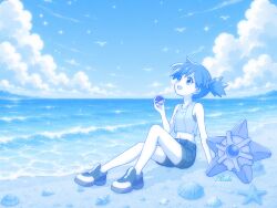  1girl 7hoshi_(7star8hrk) arm_support artist_name bare_legs bare_shoulders beach bird blue_sky blue_theme clouds cloudy_sky commentary_request crop_top day from_side full_body high_side_ponytail highres holding holding_poke_ball horizon knees_up legs looking_up midriff misty_(pokemon) navel ocean open_mouth outdoors poke_ball poke_ball_(basic) pokemon pokemon_(creature) sand seashell shell shoes short_hair short_shorts shorts side_ponytail sitting sky sneakers solo starfish staryu tank_top waves 
