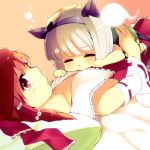  2girls abe_ranzu animal_ears bare_shoulders bow cat_ears cat_tail child closed_eyes detached_sleeves dress fake_animal_ears green_dress hair_bow hair_ribbon hair_tubes hakurei_reimu hand_on_head kemonomimi_mode konpaku_youmu konpaku_youmu_(ghost) looking_at_viewer lying lying_on_person multiple_girls on_back on_stomach petting pillow red_eyes redhead ribbon silver_hair tail touhou turning younger 