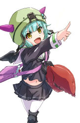  1girl :d absurdres ayune_(kei) bag black_serafuku black_shirt black_skirt blue_hair blue_neckerchief blunt_bangs bob_cut bungo_yayoi commentary_request crab_claw demon_wings fake_horns fake_pincers fake_wings feet_out_of_frame handbag heaven_burns_red helmet highres horned_helmet horns index_finger_raised knee_pads long_sleeves looking_ahead medium_hair midriff miniskirt navel neckerchief open_mouth outstretched_arm pantyhose pink_bag pleated_skirt sailor_collar school_uniform serafuku shirt simple_background skirt smile solo standing v-shaped_eyebrows white_background white_pantyhose white_sailor_collar wings yellow_eyes 