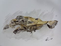  absurdres caldari_state_(eve_online) commentary cruiser_(eve_online) el-sior english_commentary eve_online guristas_pirates_(eve_online) highres military_vehicle moa_(eve_online) painting_(medium) pirate_faction_(eve_online) science_fiction signature spacecraft traditional_media vehicle_focus watercolor_(medium) white_background 