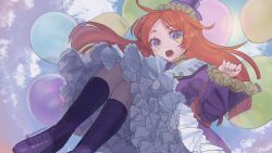  1boy balloon boots clenched_hand dress frilled_dress frilled_sleeves frills hat highres long_hair looking_at_viewer mini_hat mini_top_hat multicolored_eyes namine_ritsu open_mouth orange_eyes orange_hair orange_nails piano_print purple_boots purple_dress purple_hat solo top_hat trap twitter_username umu_(pixiv2396283) utau violet_eyes yellow_eyes 