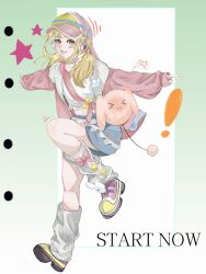  ! >_< 1girl ^^^ animal_bag bag blonde_hair blue_skirt blunt_bangs bouncy_spirit_(infinity_nikki) bow bow_legwear brooch brown_eyes chinese_commentary choker commentary_request cropped_shirt denim denim_skirt eyelashes frilled_shirt frilled_skirt frills full_body fur-trimmed_jacket fur_trim green_background hair_over_shoulder happy hat headphones heart heart_sticker highres hood hooded_jacket infinity_nikki jacket jewelry leg_warmers light_blush long_hair long_sleeves low_twintails midriff miniskirt motion_lines navel nikki_(series) open_clothes open_jacket open_mouth outstretched_arms pink_bag pink_choker pink_hat pink_jacket pink_shoes puffy_long_sleeves puffy_sleeves qishi_(3715459768) rabbit_bag rabbit_brooch shirt shoes shoulder_bag skirt sleeves_past_wrists smile sneakers solo standing star_(symbol) sticker sticker_on_face teeth twintails two-tone_background visor_cap white_background white_hood white_leg_warmers white_shirt yellow_bow 