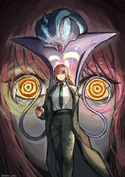  1girl absurdres black_coat black_necktie black_pants braid chainsaw_man closed_mouth coat collared_shirt commentary_request crossover highres holding holding_poke_ball long_hair long_sleeves maaka_4441 makima_(chainsaw_man) malamar mega_malamar mega_pokemon necktie pants poke_ball poke_ball_(basic) pokemon power_connection red_hair red_pupils ringed_eyes shirt sidelocks single_braid smile twitter_username white_shirt yellow_eyes 