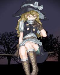  1girl apron belt black_hat black_vest blonde_hair bloomers boots bow braid broom broom_riding brown_belt brown_boots brown_gloves buttons commentary dusk full_body gloves green_bloomers hat hat_bow highres kirisame_marisa lace-up_boots long_hair mbgb open_mouth puffy_short_sleeves puffy_sleeves shirt short_sleeves single_braid sleeve_garter smile solo star_(symbol) test_tube touhou tree vest waist_apron white_apron white_bow white_shirt witch witch_hat yellow_eyes 