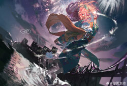  1girl absurdres aroma_white artist_request blue_eyes blue_kimono bridge character_name chinese_commentary commentary_request cytus cytus_ii fireworks floating_headgear from_behind hair_ornament headgear highres holding holding_fireworks japanese_clothes kanzashi kimono light_trail long_hair night orange_shawl pink_hair print_kimono river sample_watermark sandals sash second-party_source shawl skyline standing standing_on_liquid tabi water watermark weibo_watermark yellow_sash 