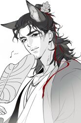  1boy all_wishes_come_true! animal_ear_fluff animal_ears black_hair blush chinese_clothes coat commentary eighth_note extra_ears facial_hair fang folding_fan fox_boy fox_ears greyscale hair_bun hair_ornament hair_ribbon half_updo hand_fan hanfu highres holding holding_fan jewelry kemonomimi_mode leaf_fan leaf_hair_ornament long_hair looking_at_viewer male_focus mature_male monochrome musical_note mustache_stubble necklace open_clothes open_coat paper_fan parted_lips pectoral_cleavage pectorals red_ribbon ribbon robe simple_background single_hair_bun smile solo spot_color stubble thick_eyebrows untranslatable_commentary upper_body white_background yuanshui zhongli_quan_(all_wishes_come_true!) 