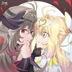  1girl 2girls antenna_hair bare_shoulders black_dress blonde_hair blush commentary_request cure_arcana dark_persona dress dual_persona eclipse_shadow eye_contact face-to-face frills gloves grabbing_another's_chin gradient_hair grey_hair hair_intakes hand_on_another's_chin headgear highres jewelry long_hair looking_at_another magical_girl marimari2793 meitantei_precure! multicolored_hair multiple_girls precure red_eyes selfcest white_dress yuri 