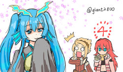  1boy 2girls akunabito blonde_hair blue_blush blue_eyes blue_hair blush cg_pen coat commentary_request dragon_girl fins head_fins humanization mice_(rune_factory) multiple_girls pink_coat red_hair rune_factory rune_factory_3 sleeves_past_wrists surprised toona twintails twitter_username wide_sleeves 