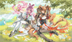  2girls absurdres ahoge angelina_(arknights) angelina_the_mellow_wish_(arknights) animal_ear_fluff animal_ears arknights black_boots black_collar black_gloves black_hairband black_shoes black_skirt black_thighhighs boots brown_hair capelet carrot chinese_commentary collar commentary_request detached_sleeves dress fingerless_gloves flower food foot_out_of_frame fox_ears fox_girl fruit full_body fur-trimmed_skirt fur_trim gloves hair_between_eyes hairband high_heel_boots high_heels highres hiking_backpack holding holding_flower holding_food holding_fruit leaf liangjiu373 long_hair long_sleeves looking_at_viewer meadow multiple_girls open_mouth orange_(fruit) orange_gloves outdoors pink_eyes pink_hair rabbit_ears rabbit_girl river shoes sitting skirt smile sneakers thigh-highs thumpy_(arknights) tree twintails white_capelet white_dress white_rabbit_(animal) white_thighhighs yellow_flower yokozuwari 