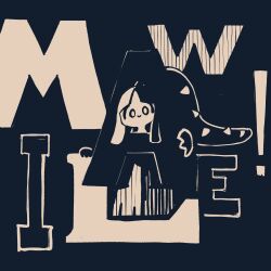  1girl blending blue_background blunt_bangs character_name closed_mouth commentary dated_commentary extra_mouth happy highres long_hair looking_at_viewer mawile monochrome nanami_marron pokemon pokemon_(creature) ponytail sharp_teeth sidelocks smile solo standing teeth text_focus wide-eyed 