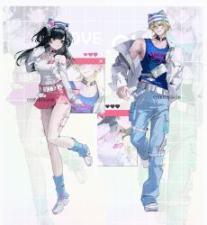  1boy 1girl absurdres animal_hat bare_shoulders belt black_collar black_hair blonde_hair blue_eyes blue_leg_warmers blue_tank_top breasts c_horoo cargo_pants cat_hat choker collar collarbone commentary commission crossbody_bag degrees_of_lewdity double-parted_bangs eye_contact full_body grey_eyes grid_background hair_between_eyes hand_up hat heart heart_collar highleg highleg_leotard highres jacket jacket_partially_removed leg_warmers leotard long_hair looking_at_another medium_breasts medium_hair miniskirt o-ring o-ring_choker original pants pantyhose pantyhose_cutout parted_lips pink_skirt player_character_(degrees_of_lewdity) player_character_(female)_(degrees_of_lewdity) pleated_skirt shoes simple_background skirt sleeves_past_wrists standing standing_on_one_leg striped_hat swept_bangs tank_top toned toned_male two_side_up wallet_chain white_belt white_jacket white_leotard white_pantyhose white_shoes whitney_(degrees_of_lewdity) whitney_(male)_(degrees_of_lewdity) wing_hat_ornament zoom_layer 
