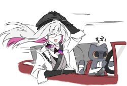  1girl ^_^ animal_ears animalization arm_up bandages bandana belt black_belt black_cat black_gloves black_hat blade_(honkai:_star_rail) blade_(sesame_cake)_(honkai:_star_rail) blush_stickers bracelet cake_cat_(honkai:_star_rail) car car_seat cat cat_ears cat_tail closed_eyes cloudy_ooo colored_inner_hair colored_skin driving elbow_gloves empty_eyes floating_hair gloves grey_vest hair_between_eyes hand_on_headwear happy hat honkai:_star_rail honkai_(series) jacket jewelry lapels long_hair long_sleeves looking_to_the_side mortenax_blade_(honkai:_star_rail) motor_vehicle multicolored_hair newsboy_cap nihilux_(honkai:_star_rail) open_clothes open_jacket open_mouth orange_eyes partially_fingerless_gloves pink_hair purple_bandana red_jacket seatbelt simple_background sitting smile steering_wheel tail upper_body vest white_background white_hair white_jacket white_skin 