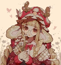  1girl animal_ears antlers bandaid bandaid_on_finger bandaid_on_hand blonde_hair blush bouquet bow bowtie braid brown_eyes bug butterfly butterfly_on_hat buttons cardigan collared_shirt embroidery floppy_ears flower food_print frilled_hat frills gingham_clothes glasses hair_bow hat highres holding holding_bouquet horns horns_through_headwear lips littlebluemuffin long_hair lop_rabbit_ears mole mole_above_eye mole_above_mouth mole_under_eye mole_under_mouth multiple_hair_bows mushroom_print original own_hands_together plant rabbit_ears red_bow red_bowtie red_cardigan red_hat rose round_eyewear shirt short_eyebrows thick_eyebrows twin_braids very_long_hair vines wavy_sidelocks white_background white_butterfly white_flower white_shirt 