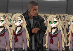  1boy 6+girls asymmetrical_bangs black_sailor_collar blonde_hair bright_pupils choker clone green_eyes hair_behind_ear hair_between_eyes highres insect_hair_ornament long_hair long_sleeves matangom matangomu-chan multiple_girls neckerchief original red_neckerchief sailor_collar school_uniform serafuku tagme white_pupils 