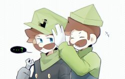  +++ ...? 2boys bandana bistarch black_overalls brown_hair closed_eyes closed_mouth commentary dark_persona facial_hair gloves green_bandana green_hat green_shirt grey_gloves halftone halftone_background hat highres holding holding_wrench long_sleeves luigi mr._l multiple_boys mustache no_mask open_mouth overalls paper_hat paper_mario_(series) shirt short_hair super_mario_bros. super_paper_mario white_background wrench 