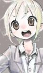  1girl blonde_hair brown_eyes business_suit grey_background jubigamura long_sleeves lowres open_mouth original ponytail short_hair shouting simple_background sketch solo 