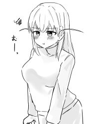  1girl :t absurdres blush breasts frown greyscale hair_ornament highres hinoshita_kaho hinoshita_kaho_(winter_casual) hisho_(rythm_hisho) long_sleeves love_live! love_live!_hasu_no_sora_jogakuin_school_idol_club medium_breasts medium_hair monochrome pout rabbit_hair_ornament simple_background solo squiggle sweater turtleneck turtleneck_sweater two_side_up virtual_youtuber white_background 