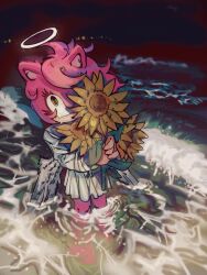  1girl amy_rose angel angel_wings animal_nose beach blue_sailor_collar city_lights commentary covering_one_eye crying crying_with_eyes_open eyelashes feathered_wings floating_hair flower foaming_waves furry furry_female green_eyes halo hedgehog_girl highres holding holding_flower littlesky looking_at_viewer looking_up low_wings ocean pink_fur pink_hair pleated_skirt red_pupils sailor_collar school_uniform serafuku shirt shore skirt soaking_feet solo sonic_(series) sunflower tears traditional_halo wading water waves wavy_hair white_shirt white_skirt white_wings wind wings yellow_flower 