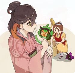  2girls alternate_costume alternate_hairstyle apron black_hair braid brown_eyes brown_hair carmine_(pokemon) commentary_request crossed_bangs eating fangs food hair_between_eyes hair_bun highres holding holding_food japanese_clothes juliana_(pokemon) kimono kine mallet multiple_girls obi ogerpon open_mouth orange_kimono pecharunt pink_kimono pokemon pokemon_(creature) pokemon_scarlet_and_violet red_apron red_hair sakana_625 sash squatting twitter_username yellow_eyes yukata 