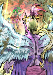  1boy 1girl battle blonde_hair blue_eyes boots breasts cape colored_skin commentary_request demon_wings detached_sleeves dress earrings feathered_wings final_fantasy final_fantasy_vi green_hair hair_ribbon highres holding holding_sword holding_weapon jewelry kefka_palazzo looking_at_another medium_breasts multiple_wings naga160oji parted_bangs pink_ribbon pink_skin pointy_ears ponytail red_boots red_dress red_sleeves ribbon sash sketch standing sword terra_branford topless_male waist_sash weapon wings yellow_cape 