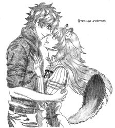  1boy 1girl :d animal_ears belt blunt_bangs breasts closed_mouth collared_dress collared_shirt couple dress eye_contact floating_hair from_side gift_art graphite_(medium) greyscale hair_between_eyes hair_tubes hetero high_collar highres hug iwatani_naofumi layered_dress long_hair long_sleeves looking_at_another lulidrafts medium_breasts metal_hair_tubes monochrome neck_ribbon open_mouth pants pinstripe_dress pinstripe_pattern raccoon_ears raccoon_girl raccoon_tail raphtalia ribbon shirt short_hair simple_background sleeveless sleeveless_dress sleeves_rolled_up smile tail tanuki tate_no_yuusha_no_nariagari teeth traditional_media two-tone_dress upper_body upper_teeth_only watermark 