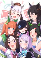  6+girls absurdres animal_ears aqua_bow bandaid bandaid_on_face bandaid_on_nose bandeau bare_shoulders black_hair blue_bandeau blue_flower blue_rose blue_sports_bra blunt_bangs blush bow braid breasts brown_hair brown_hat closed_mouth coat collared_shirt dress ear_bow ear_covers ear_ribbon flipped_hair flower frilled_coat frilled_jacket frills fur_choker gloves gold_ship_(red_strife)_(umamusume) gold_ship_(umamusume) green_sailor_collar green_sleeves grey_hair hair_between_eyes hair_ornament hair_over_one_eye hairband hairclip half_up_braid hat hat_flower highres hime_cut hood horse_ears horse_girl jacket long_hair long_sleeves looking_at_viewer mejiro_mcqueen_(frontline_elegance)_(umamusume) mejiro_mcqueen_(umamusume) mouth_hold multicolored_hair multiple_girls narita_brian_(maverick)_(umamusume) narita_brian_(umamusume) off-shoulder_dress off_shoulder one_eye_closed open_mouth orange_hair pillbox_hat pleated_skirt ponytail purple_bow purple_hair purple_ribbon purple_vest red_dress red_eyes red_jacket ribbon rice_shower_(rosy_dreams)_(umamusume) rice_shower_(umamusume) rose sailor_collar shirt sho_mix_illustration short_hair short_sleeves silence_suzuka_(innocent_silence)_(umamusume) silence_suzuka_(umamusume) skirt sleeveless sleeveless_dress sleeveless_jacket smile special_week_(special_dreamer)_(umamusume) special_week_(umamusume) sports_bra stalk_in_mouth team_sirius tilted_headwear two-tone_hair umamusume vest violet_eyes white_gloves white_hair white_hairband white_shirt white_skirt winning_ticket_(get_to_winning!)_(umamusume) winning_ticket_(umamusume) yellow_eyes 