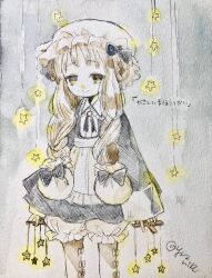  1girl apron black_bow blonde_hair bow braid commentary_request control_bar dress frilled_headwear frills graphite_(medium) hat highres long_hair magical_girl mahou_shoujo_ikusei_keikaku mahou_shoujo_ikusei_keikaku_restart maid mob_cap nokko-chan painting_(medium) smile solo star_(symbol) traditional_media twin_braids watercolor_(medium) yrznike 