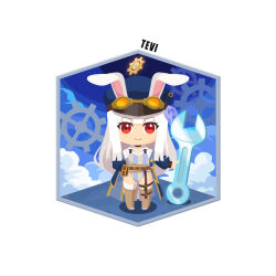  1girl animal_ears blue_hat chibi chibi_only closed_mouth commentary_request copyright_name floorplan goggles goggles_on_headwear hat highres holding holding_wrench isometric long_sleeves looking_at_viewer losno rabbit_ears rabbit_girl red_eyes simple_background smile solo standing tevi tevi_(character) white_background white_hair wrench 