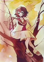 1girl angel angel_wings bare_tree brown_eyes brown_hair climbing_tree commentary dress flip-flops haibane_renmei halo highres in_tree iskelly231764 messy_hair neckerchief orange_sailor_collar painting_(medium) rakka_(haibane_renmei) red_neckerchief sailor_collar sailor_dress sandals short_hair sitting sitting_in_tree sky solo_focus traditional_halo traditional_media tree untranslatable_commentary watercolor_(medium) white_dress wings yellow_sky 