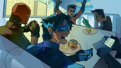  absurdres batman_(series) batman_symbol black_bodysuit black_gloves black_hair bodysuit brown_jacket commentary damian_wayne dc_comics dick_grayson domino_mask english_commentary eye_mask gloves grey_bodysuit highres jacket jason_todd male_focus mask multicolored_bodysuit multiple_boys muscular muscular_male nightwing open_clothes red_hood_(dc) red_hood_and_the_outlaws red_mask red_robin robin_(dc) rugbin short_hair superhero_costume taut_bodysuit taut_clothes tim_drake two-tone_bodysuit western_comics_(style) 