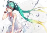  1girl aqua_hair bracelet dress green_eyes hand_on_headphones hatsune_miku headphones jewelry phantania solo twintails vocaloid water 