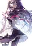  1girl akemi_homura argyle argyle_legwear black_hair black_legwear bowtie floating_hair long_hair magical_girl mahou_shoujo_madoka_magica pantyhose pleated_skirt rella ribbon skirt solo tears violet_eyes white_background 