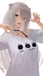  1girl ahoge animal_ears arched_back black_choker black_nails bra_strap breasts character_print choker claw_pose commentary double-parted_bangs fang fingernails grey_hair hair_between_eyes highres hololive jewelry large_breasts light_blush lion_ears long_hair long_hair_between_eyes looking_at_viewer loose_clothes loose_shirt low_twintails makimaki_makky7 messy_hair nail_polish necklace no_jacket official_alternate_costume official_alternate_hairstyle open_mouth sharp_fingernails shirt shishiro_botan shishiro_botan_(midnight_convenience_store) sidelocks simple_background single_bare_shoulder single_off_shoulder solo t-shirt twintails upper_body virtual_youtuber white_background white_shirt 