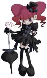  1girl absurdres black_boots black_bow black_dress black_gloves black_hat black_umbrella blunt_bangs boots bow closed_mouth closed_umbrella dress dress_bow elbow_gloves flower frilled_dress frilled_hat frills full_body gloves gothic_lolita hat hat_flower highres holding holding_umbrella lolita_fashion looking_at_viewer marie_&amp;_gali marika_(marie_&amp;_gali) medium_hair mini_hat mini_top_hat mole mole_under_eye pigeon-toed platform_boots puffy_short_sleeves puffy_sleeves red_flower red_hair red_rose rose short_dress short_sleeves simple_background solo standing thigh_boots tilted_headwear top_hat twintails umbrella violet_eyes white_background z1vfcd2 