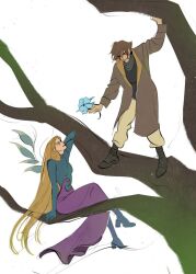  1boy 1girl alilyushka blonde_hair boots brown_hair caleb_(witch) commentary cornelia_hale eye_contact facial_mark fairy_wings flower full_body highres holding holding_flower in_tree long_hair long_sleeves looking_at_another magical_girl purple_skirt short_hair sitting sitting_in_tree skirt smile tree w.i.t.c.h. wings 